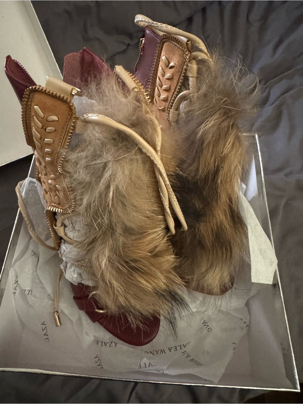 AKIRA Red and Tan Fur-Trim Lace-Up Stiletto Booties - Picture 12 of 16